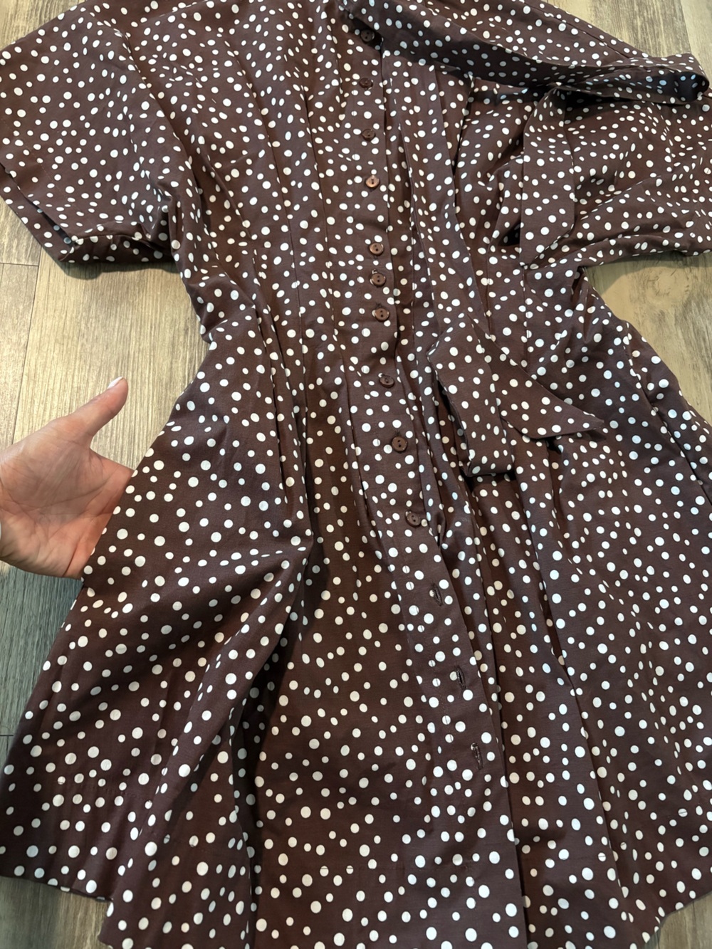 Anthropologie The Tobie Tie Neck Shirt Dress by Exquise Brown Polka Dot Size XS - Picture 8 of 13
